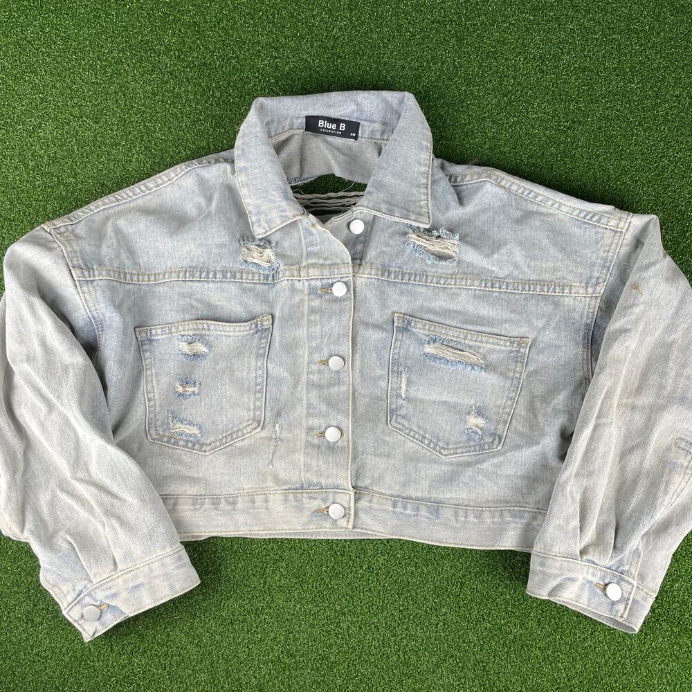 Vintage Blue B Collection Light Wash Denim Distress Fringe Crop Jacket Sz S/M